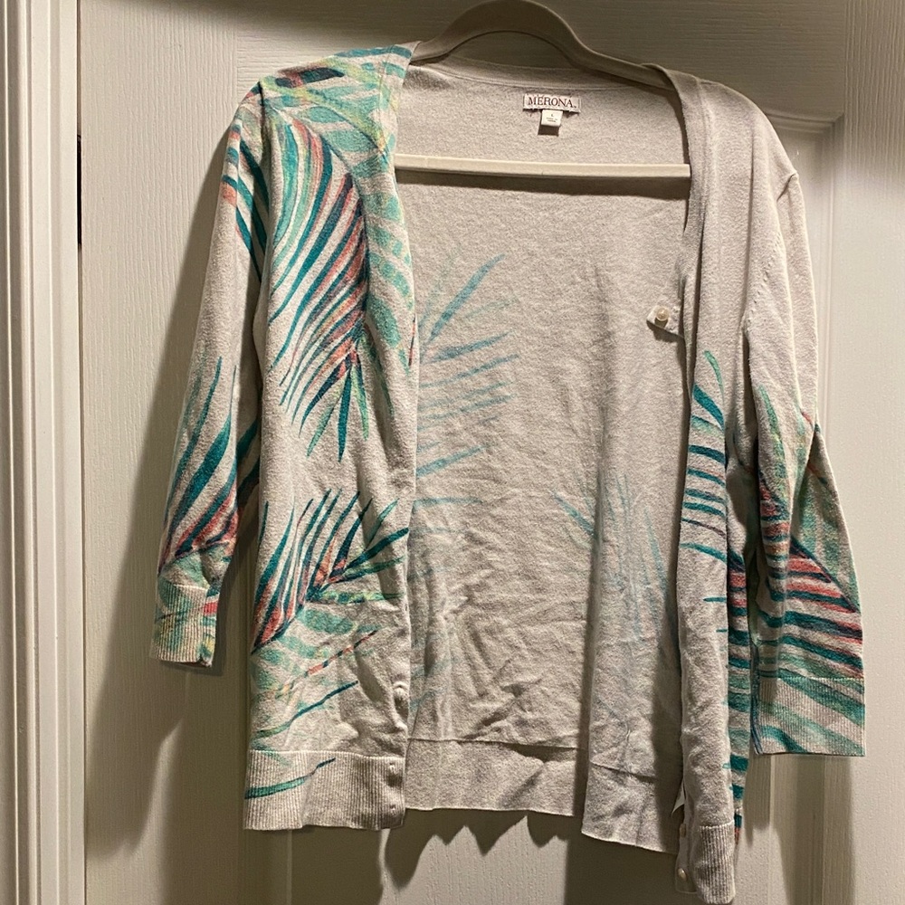 Merona Tropical Leaf Cardigan in Cream and Teal